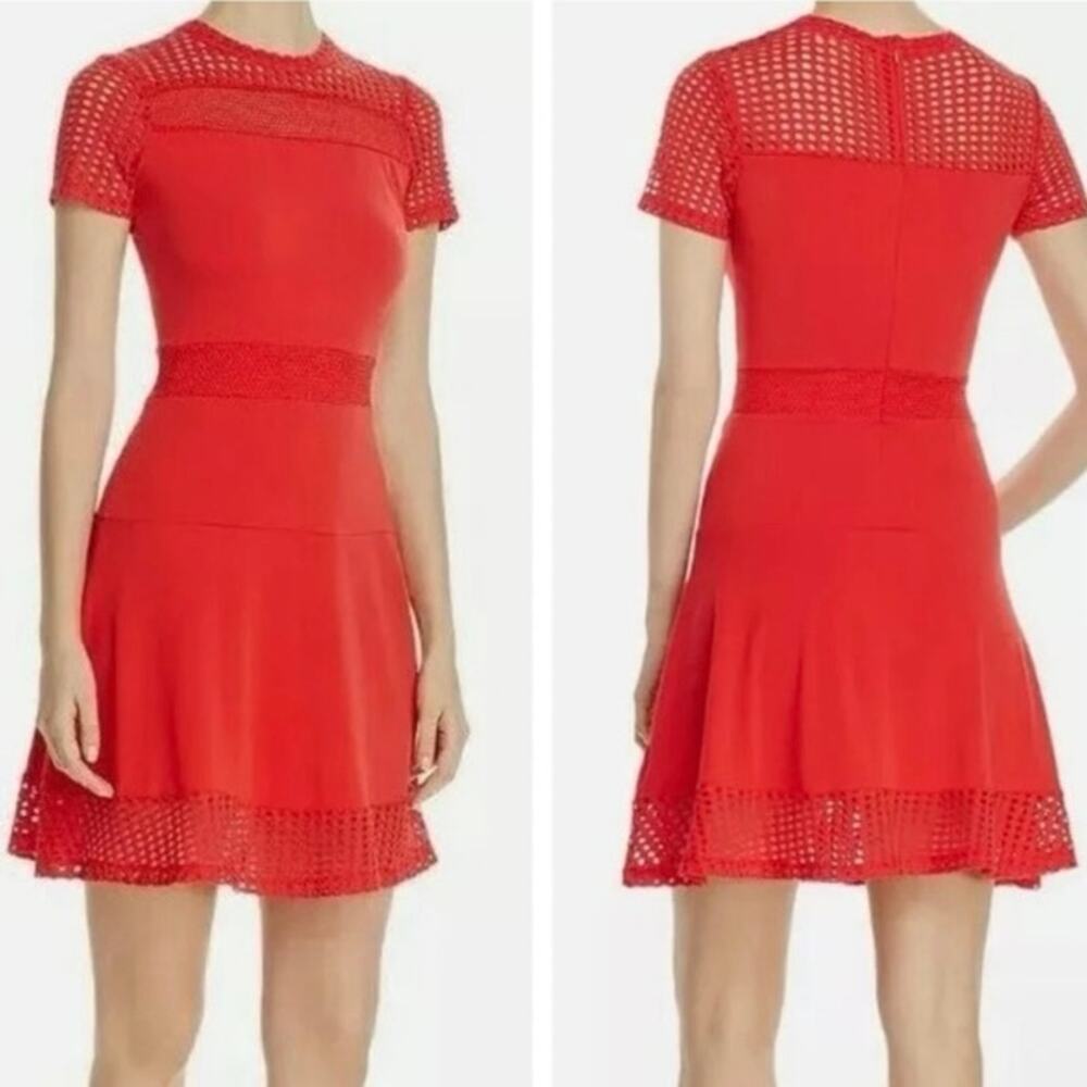 Michael Kors Short Sleeve Mesh Panel Fit and Flare Mini Dress Red Evening Party